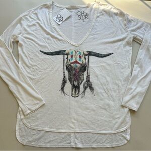 Chaser Tops Womens Small White Tribal Skull Vintage Jersey Long Sleeves New